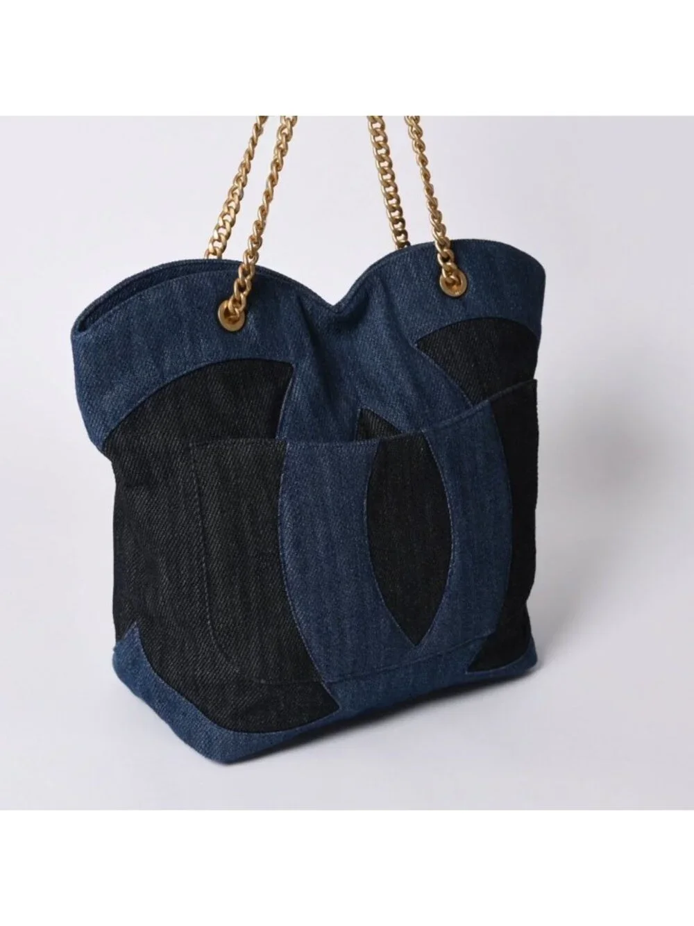 Chanel Chain Tote Bag Base CC Logo Denim Indigo Blue